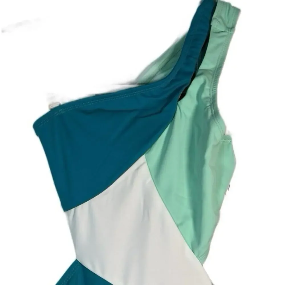 Lumi Collective Asymmetrical Colorblock Teal Mint Unitard Dance Gymnastics YM